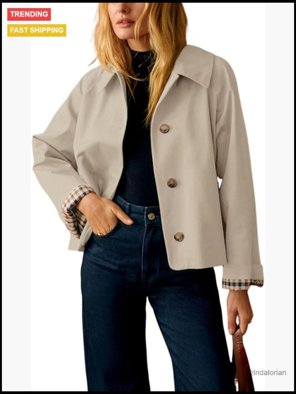 Oversize Trench Coat Plaid Lining Lapel Button Down Casual Crop Jacket with